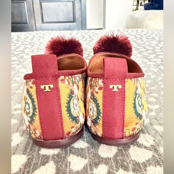 Tory Burch Satin Floral Flats with Burgundy and Gold with Pom - Picture 9 of 9